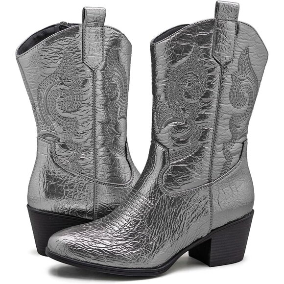 GLOBALWIN Cowgirl Boots Women's Silver Faux Leather Mid Calf Chunky Low Heel
